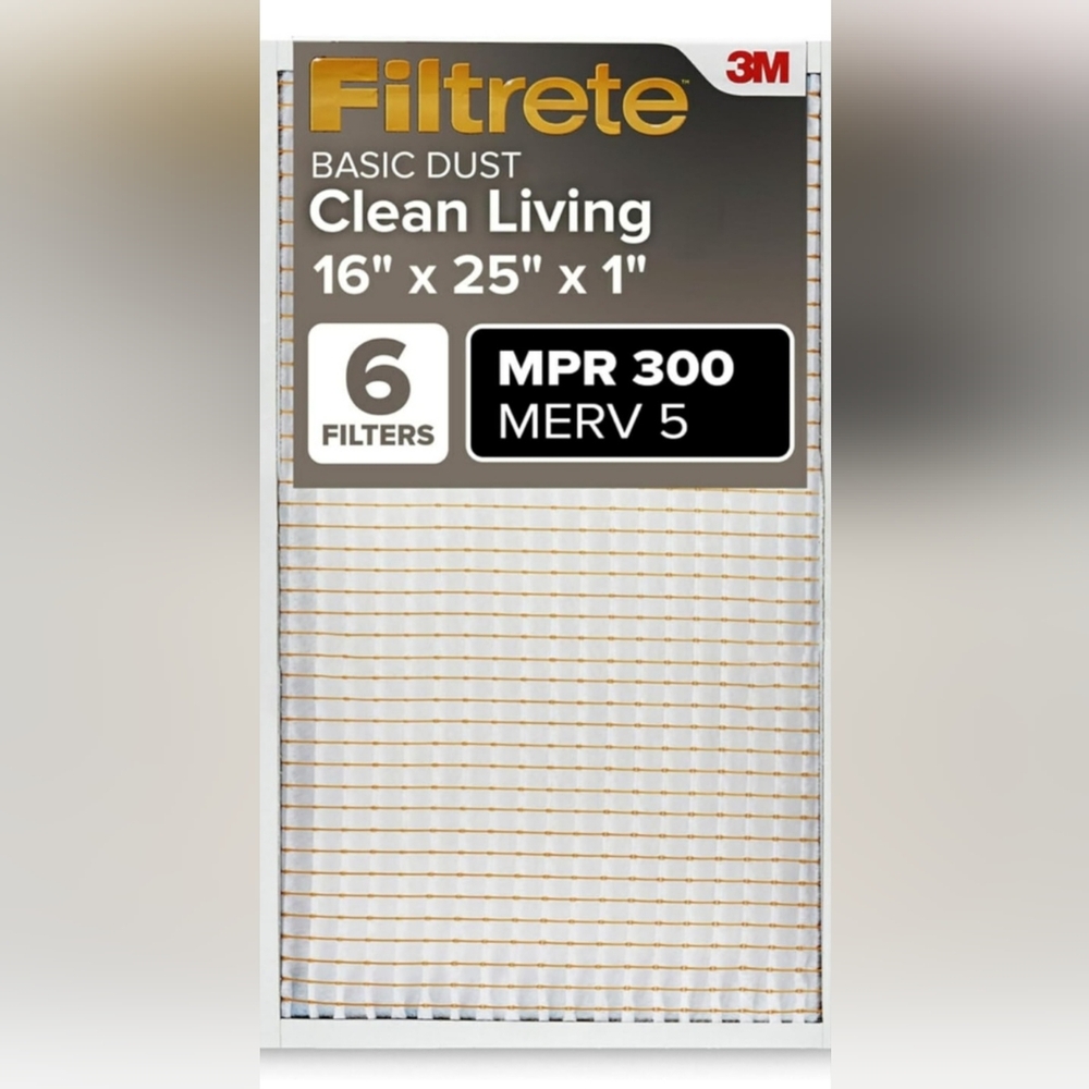 Filtrete 16x25x1 Air Filter, MPR 300 MERV 5, Clean Living Dust Reduction, 6Pcs